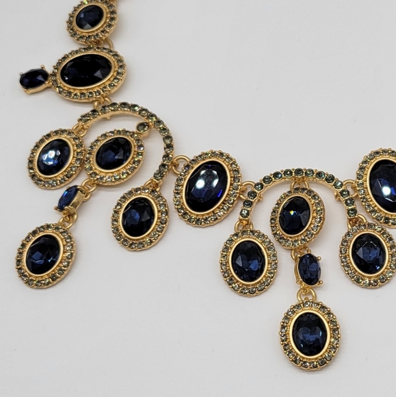 Oscar De La Renta Sapphire + Diamond Swarovski Crystal Evening Necklace in Gold - Picture 3 of 5
